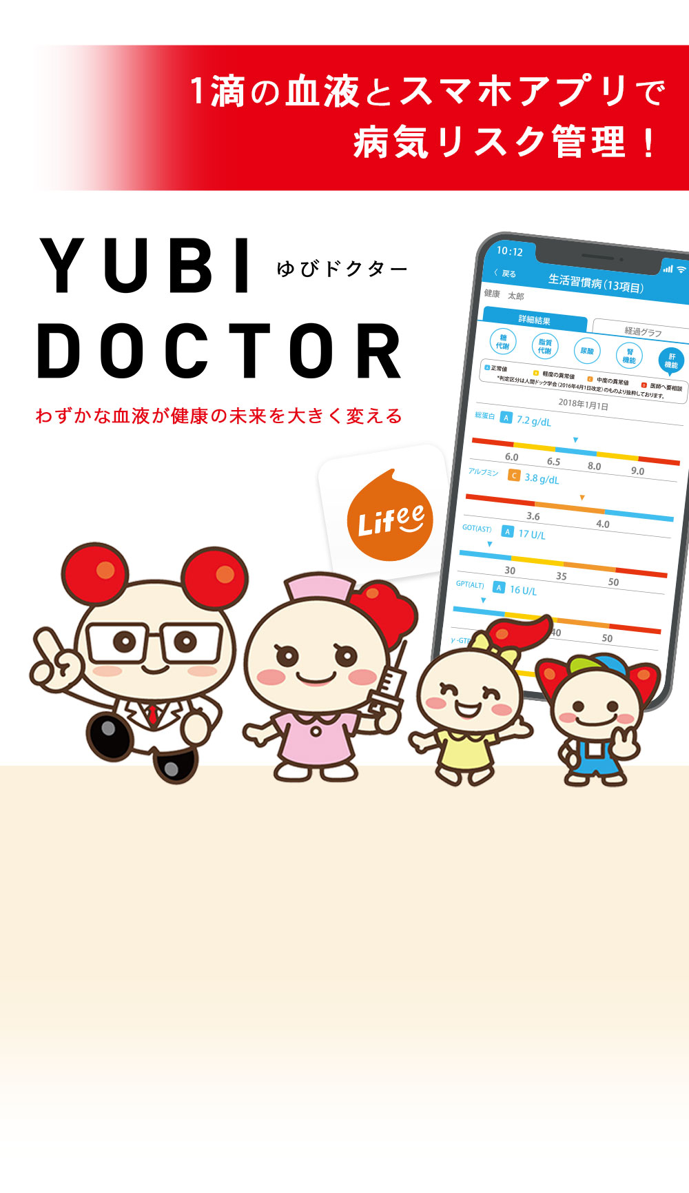 YUBI DOCTOR ゆびドクター わずかな血液が健康の未来を大きく変える。1滴の血液とスマホアプリで病気リスク管理！